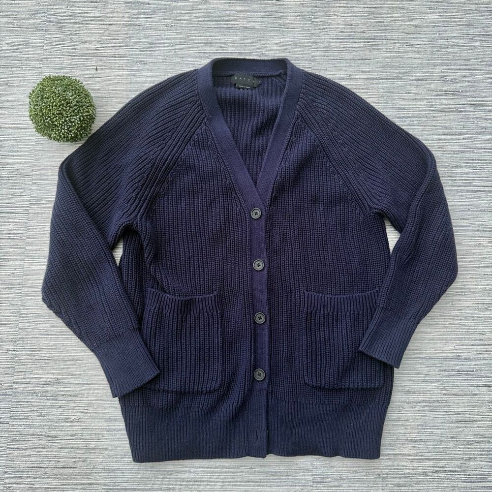 HATCH Collection Chunky Shaker Ribbed Knit V-Neck Cardigan in Navy Blue Size 1 S